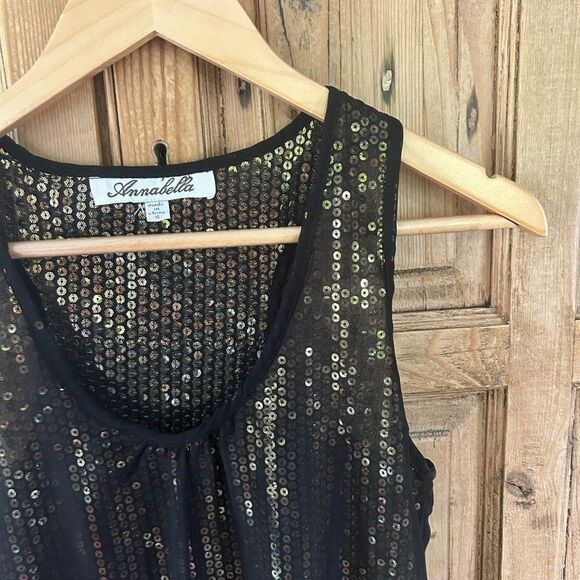 Annabella Small Black Tank Top Gold Sequins Layered Blouse - Picture 2 of 12